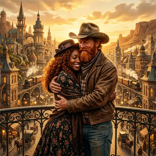 Vintage Cowboy Embracing a Woman in Classic Western Setting