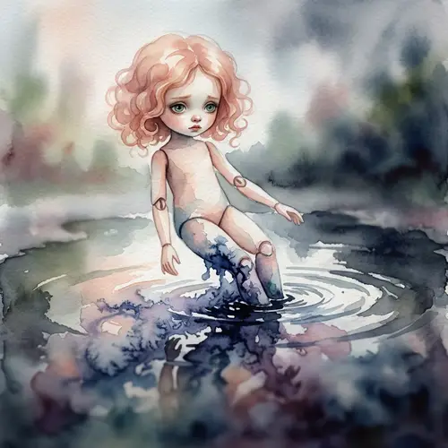 Surreal Watercolor Painting: Ethereal Doll Descending into Reflective Puddle
