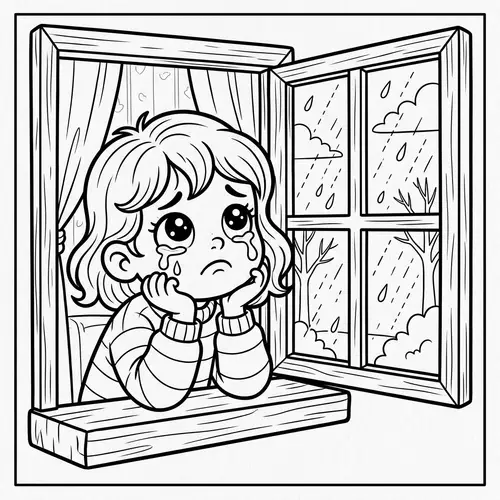 Cartoon Coloring Page of Sad Child Looking Out Window