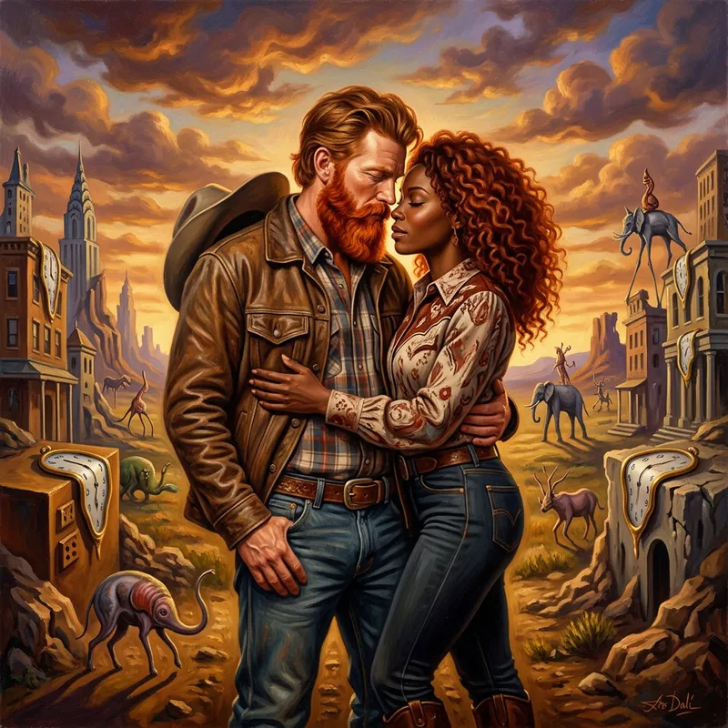 Passionate Western Romance in Vibrant Surreal Cityscape