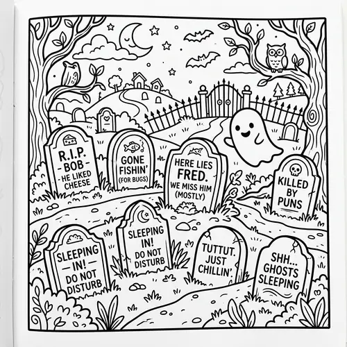 Whimsical Graveyard Coloring Page - Cartoon Style Fun