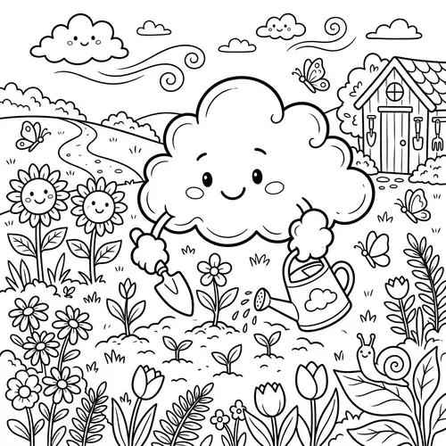 Whimsical Cloud Gardening Coloring Page | High-Res Adobe Design