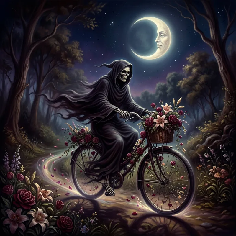 Captivating Grim Reaper Riding Bicycle with Flowers Under Moonlight