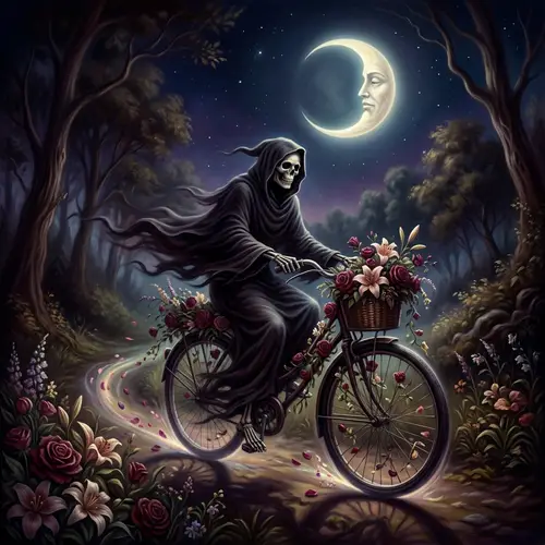 Surreal Digital Painting of Grim Reaper Riding Blossom-Adorned Bicycle