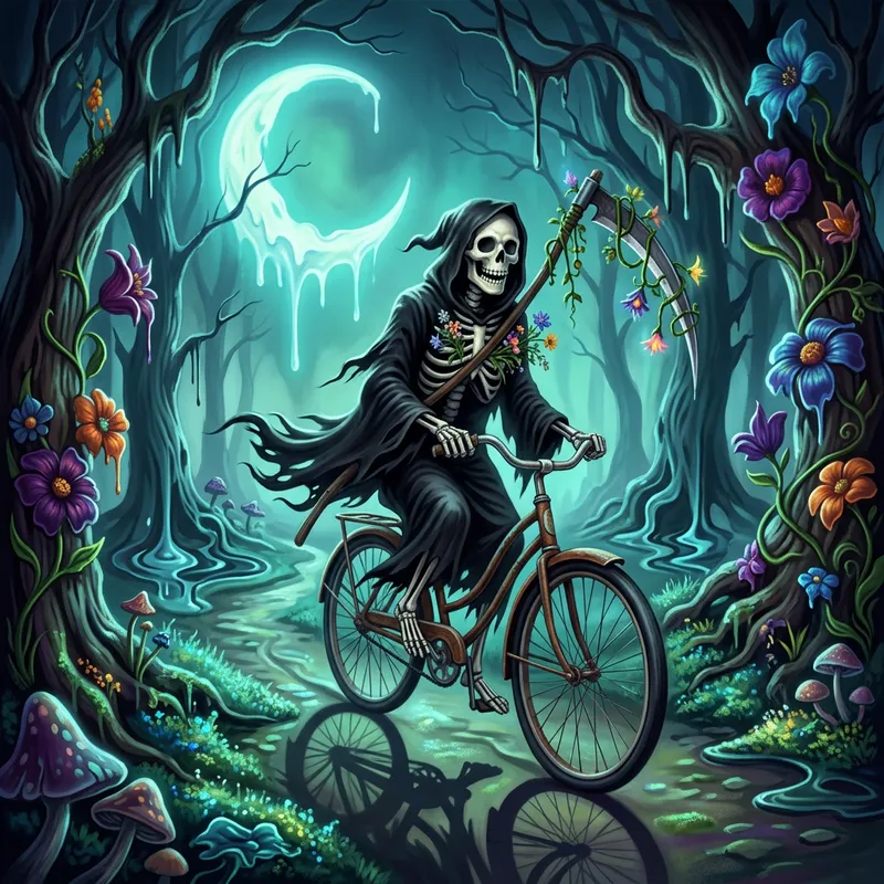 Whimsical Grim Reaper Cycling Through Moonlit Forest