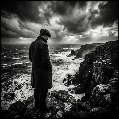 Meditative Solitude on Cliff Edge | Stark Monochrome Seascape