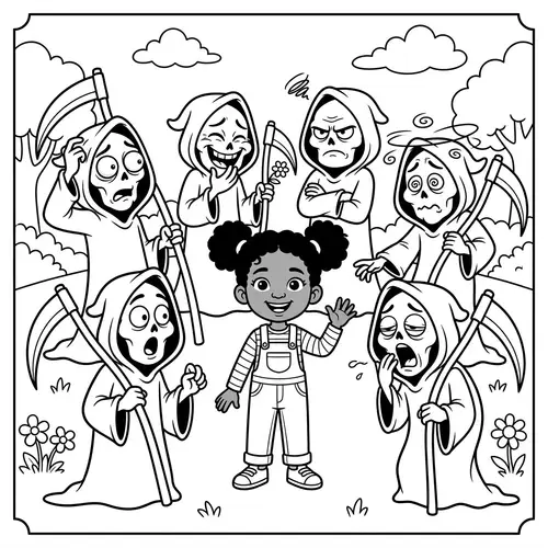 Diverse Kid Surrounded by Quirky Grim Reapers - Coloring Activity