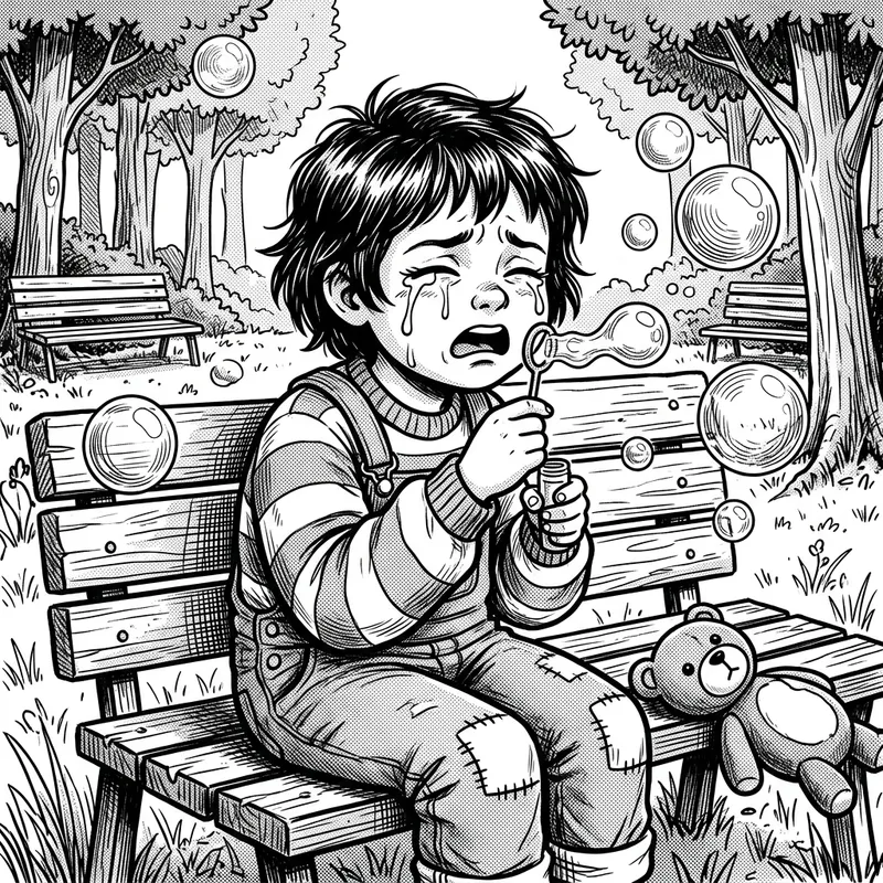 Comic-Inspired Black and White Illustration of a Child Blowing Bubbles with Grieving Expressions Comic-Inspired Black and White Illustration of a Child Blowing Bubbles with Grieving Expressions