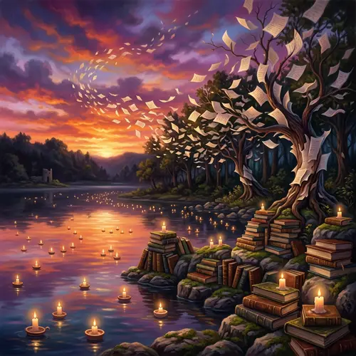 Surreal Sunset Scene at Tranquil Lake with Floating Candles and Book Stacks
