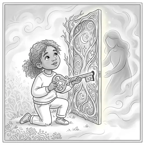 Young Child Opening Ethereal Door with Magical Key