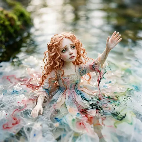 Surreal Paper Doll with Red Curly Hair Dissolving in Water