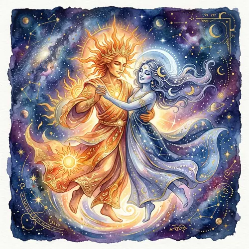 Celestial Dance of Sun and Moon Art | Fantasy Watercolor