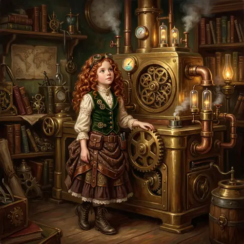 Steampunk-Inspired Girl with Flowing Red Curls and Intricate Steam-Powered Machine