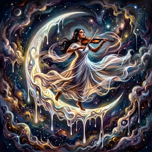 South Asian Woman Dancing on a Crescent Moon | Surreal Moonlit Fantasy