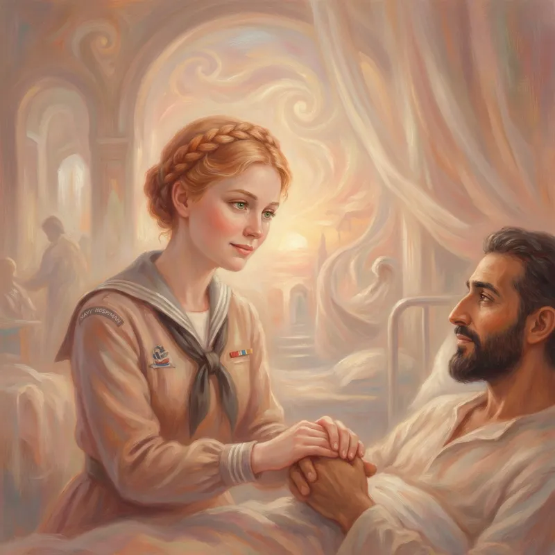 Empathetic Navy Hospital Corpsman with Strawberry Blonde Hair Caring in Surreal Hospital Room Empathetic Navy Hospital Corpsman with Strawberry Blonde Hair Caring in Surreal Hospital Room