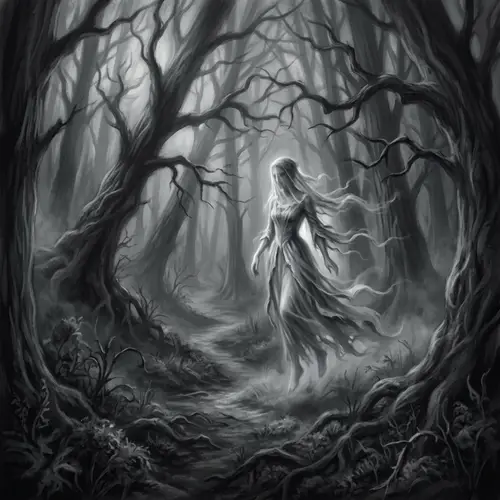 Ethereal Figure in Shadow-Ridden Forest - Surrealist Art