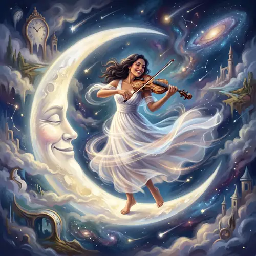 Hispanic Female Artist Dancing and Playing Violin on Crescent Moon