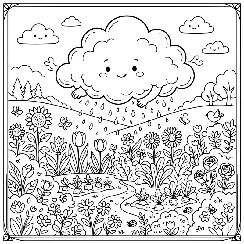 Enchanting Cloud Garden Coloring Page for Kids | High Resolution