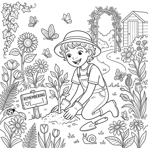 Whimsical Coloring Illustration of Gender-Diverse Child Gardening