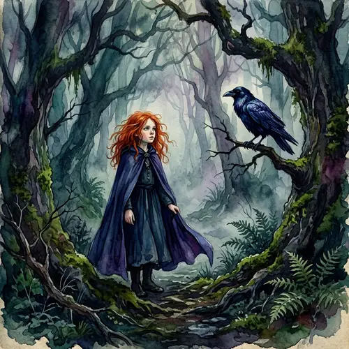Fiery Red-Haired Girl in Enigmatic Forest | Gothic Watercolor Art