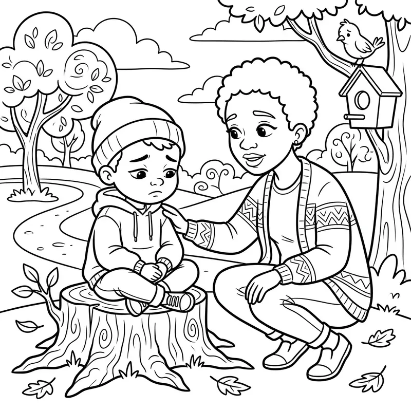 Sad Child's Conversation Coloring Page - Talking About Loss