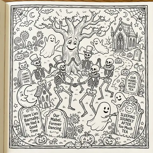 Whimsical Coloring Book: Playful Skeletons & Amusing Ghosts