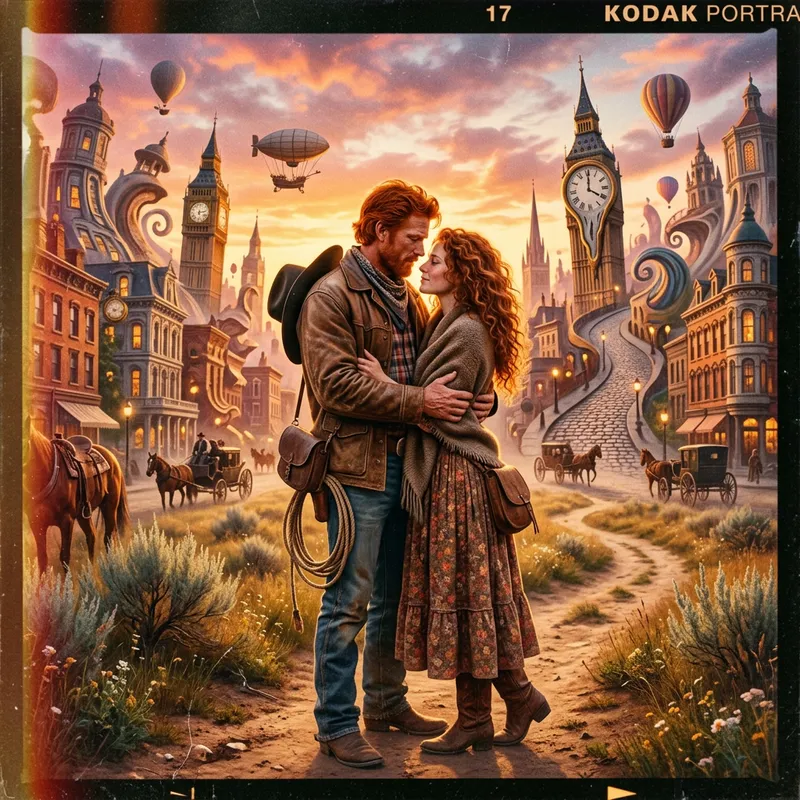 Captivating Love Story: Cowboy & Auburn Beauty in Surreal Cityscape