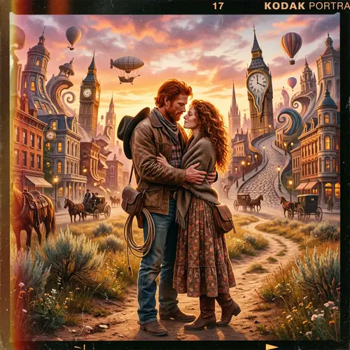 Rugged Cowboy Embracing Woman in Surreal Cityscape