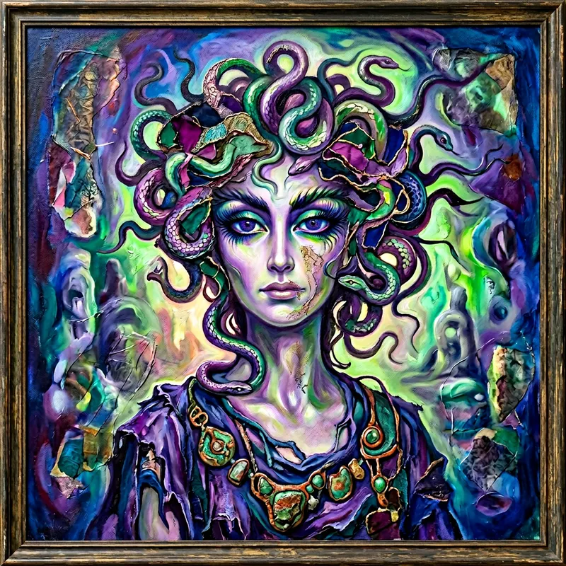 Captivating Portrait of Medusa: Surrealism in Deep Blues and Vivid Greens