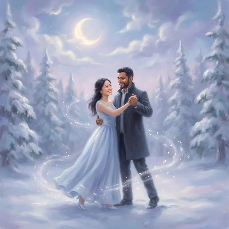 Enchanting Moonlit Dance of Love in Snowy Forest