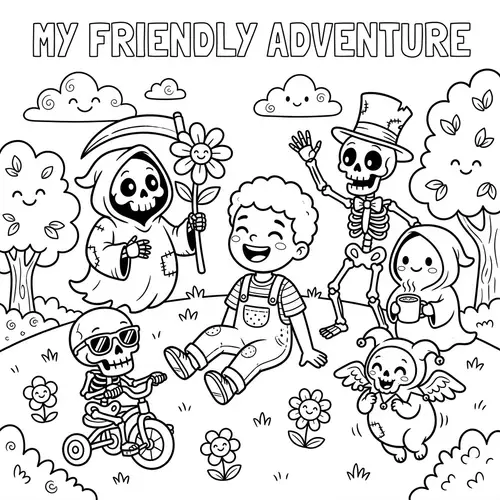 Whimsical Death Coloring Book Page for Kids