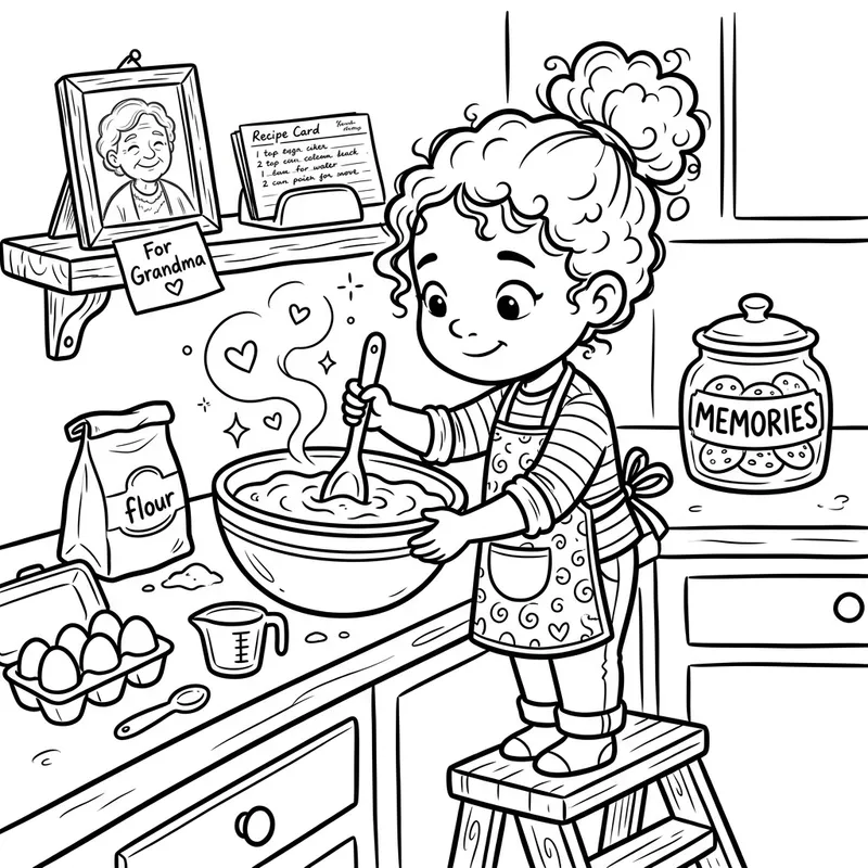Child Cooking with Love and Care | Playful Cartoon Coloring Page Child Cooking with Love and Care | Playful Cartoon Coloring Page