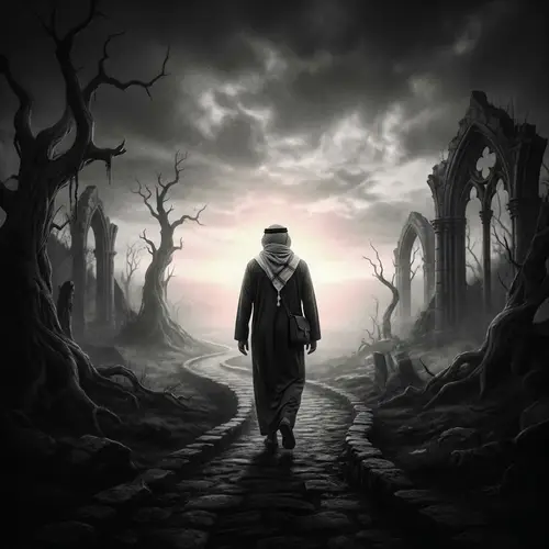 Soulful Journey in Death: Surrealist Middle-Eastern Male Walking into Horizon