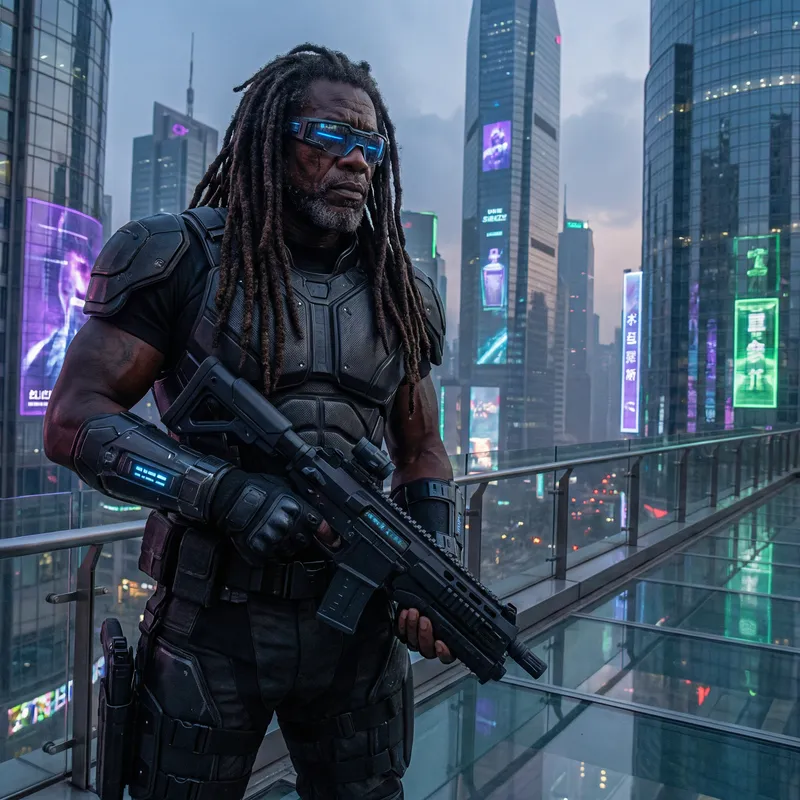 Futuristic Black Warrior with Armor and Dreadlocks
