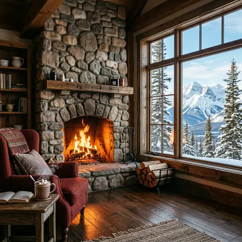 Cozy Fireplace Scene with Mountain View | Winter Retreat