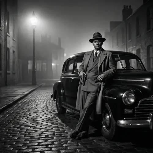 Vintage Noir Scene: Lone Armed Chauffeur by Streetlight