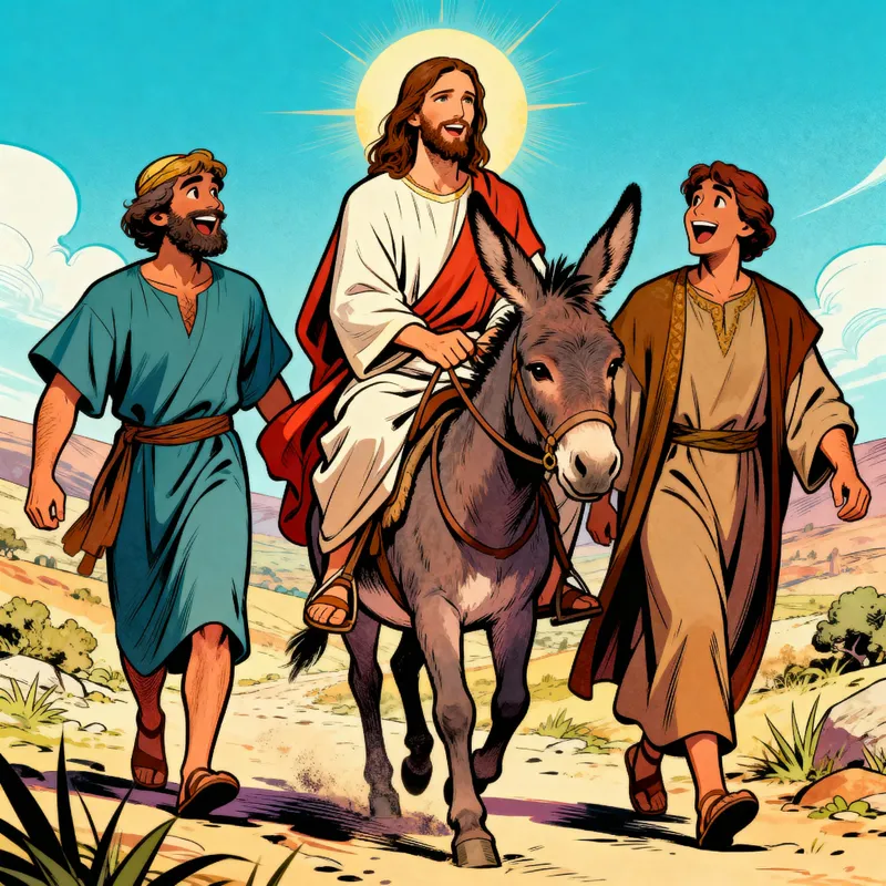 Joyful Caricature of Jesus on a Donkey