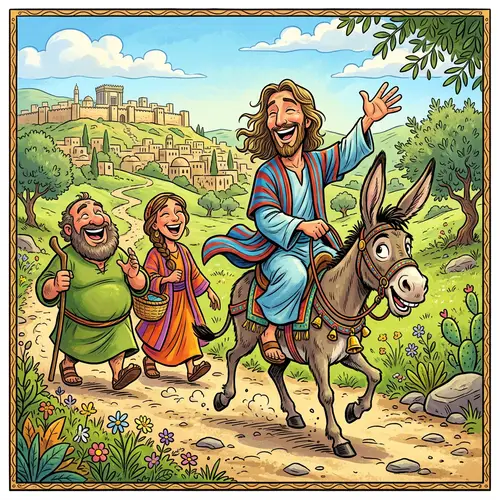 Joyful Caricature of Jesus on a Donkey