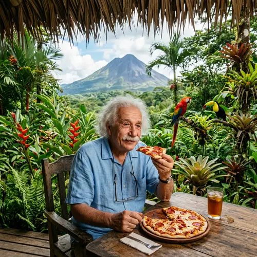 Aged Theoretical Physicist Eating Pizza in Tropical Paradise