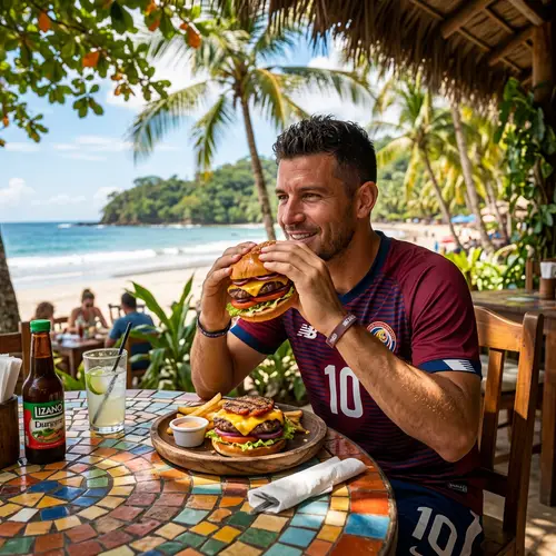 Male Soccer Player Enjoying Burger in Costa Rica - Central American Paradise Scene