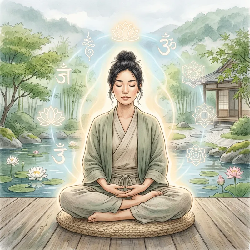 Spiritual Self Drawing with Serene Asian Meditation Illustration