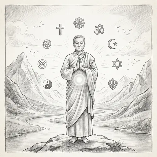 Spiritual Journey Illustration: Inner Peace & Universal Embracement