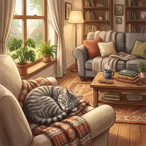 Cozy Living Room Illustration with Sleepy Domestic Cat in Sunlit Corner
