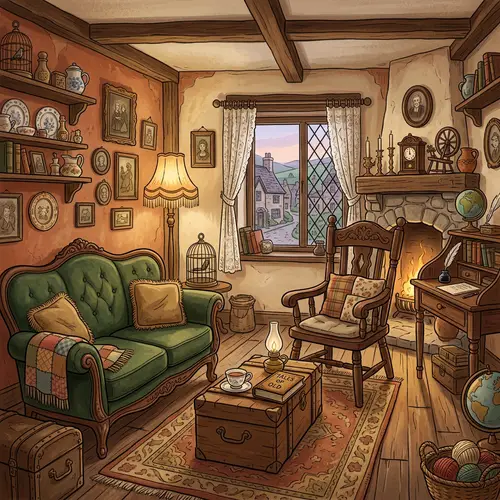 Quaint Antique Furniture in Cartoonish Old-style Room