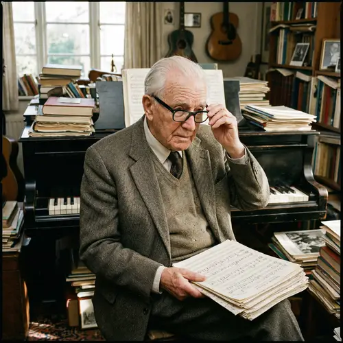 Elderly Caucasian Man Pondering Music in Vintage Setting