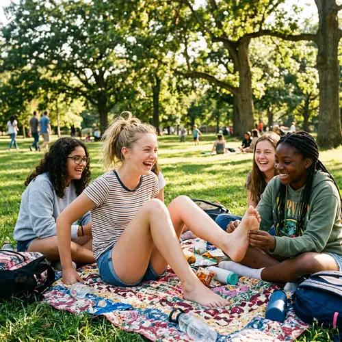 Joyful 13-Year-Old Girl Tickling Session with Friends in Sunny Park