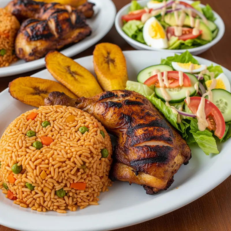 Delicious Ghana Jollof Rice with Chicken & Salad