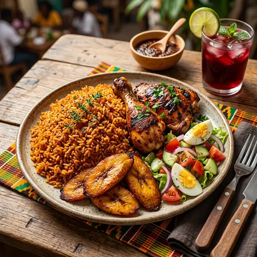 Delicious Ghana Jollof Rice with Chicken & Salad