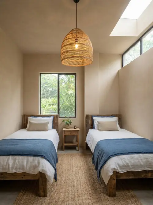 Stylish Room Design with Two Beds & Hanging Lamp
