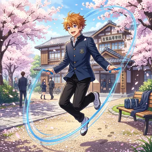 Anime Boy Rope Skipping | Energetic Scene with Cherry Blossoms